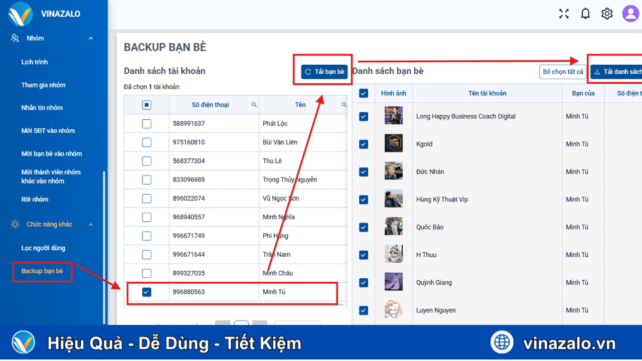 Backup bạn bè vina Zalo