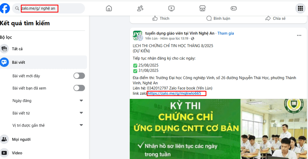 Cách tìm kiếm nhóm Zalo Nghệ An