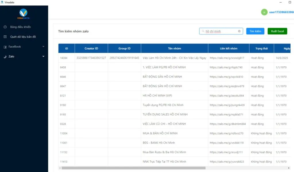 Phần mềm tìm kiếm nhóm Zalo Hồ Chí Minh