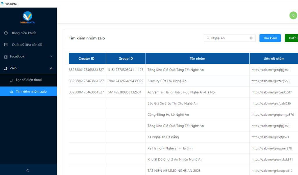 Tool tìm kiếm nhóm Zalo Nghệ An