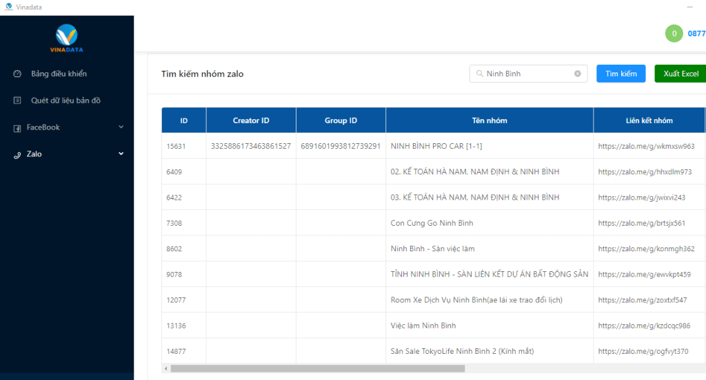 Tool tìm kiếm nhóm Zalo Ninh Bình