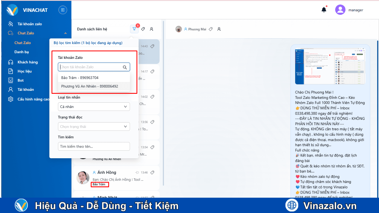 Phần mềm Vina Chat - Quản lý tin nhắn Zalo
