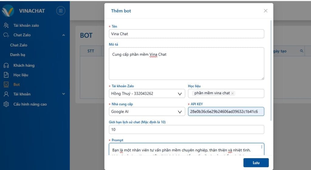 Cài đặt cấu hình Chatbot Zalo cá nhân