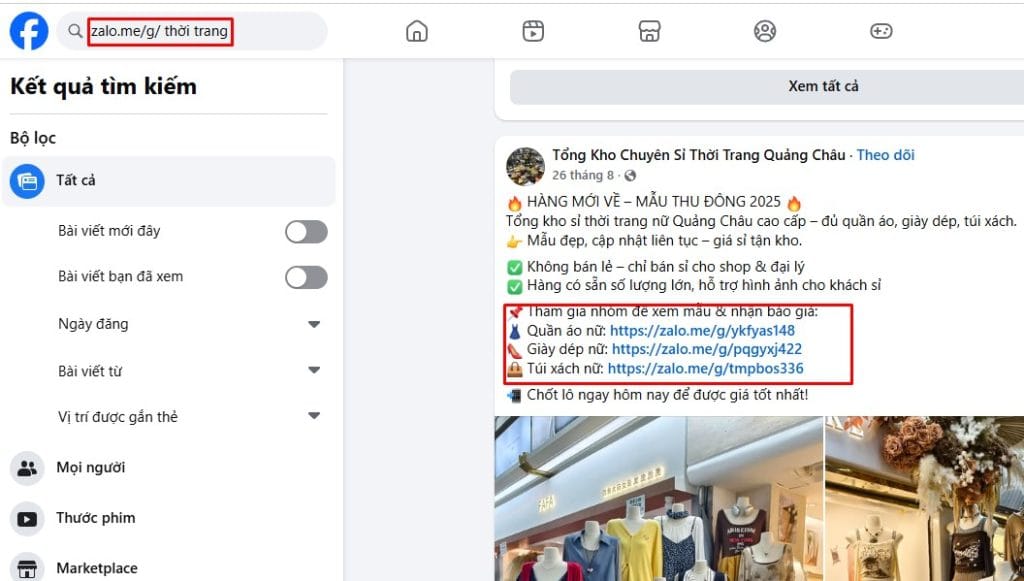 Tìm kiếm nhóm Zalo trên Facebook