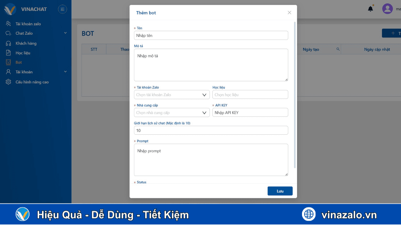 Cài đặt cấu hình chatbot