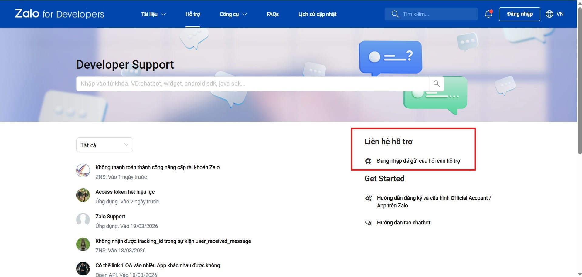 Giao diện Developers support sẽ xuất hiện