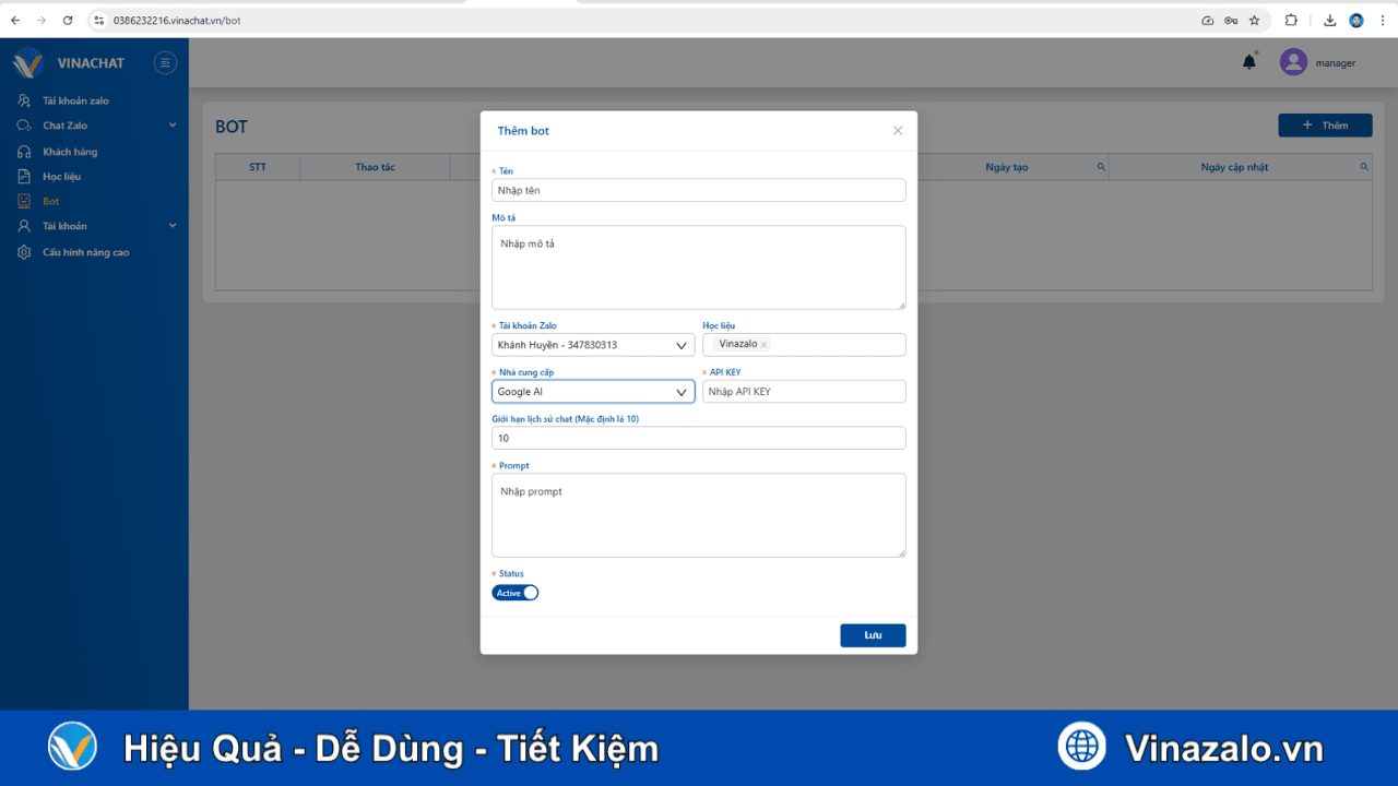 Chatbot Zalo trả lời tự động