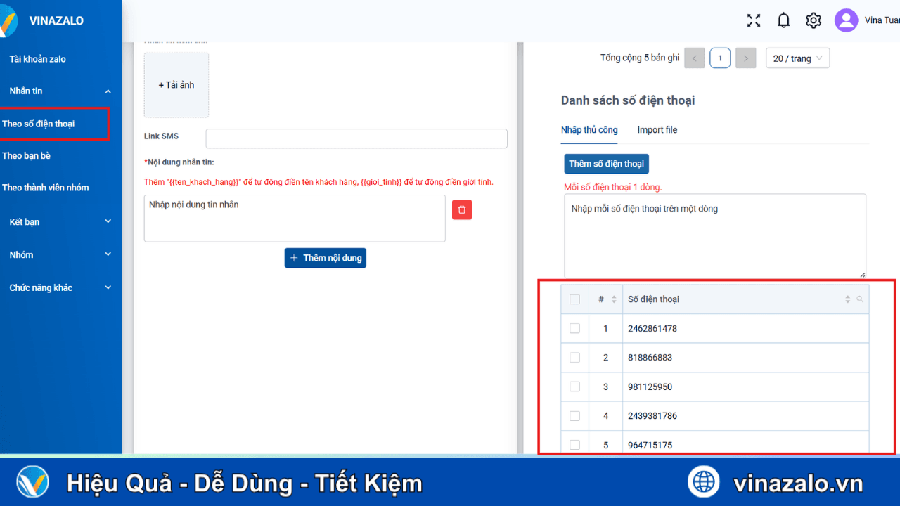 Nhắn tin tự động theo số điện thoại