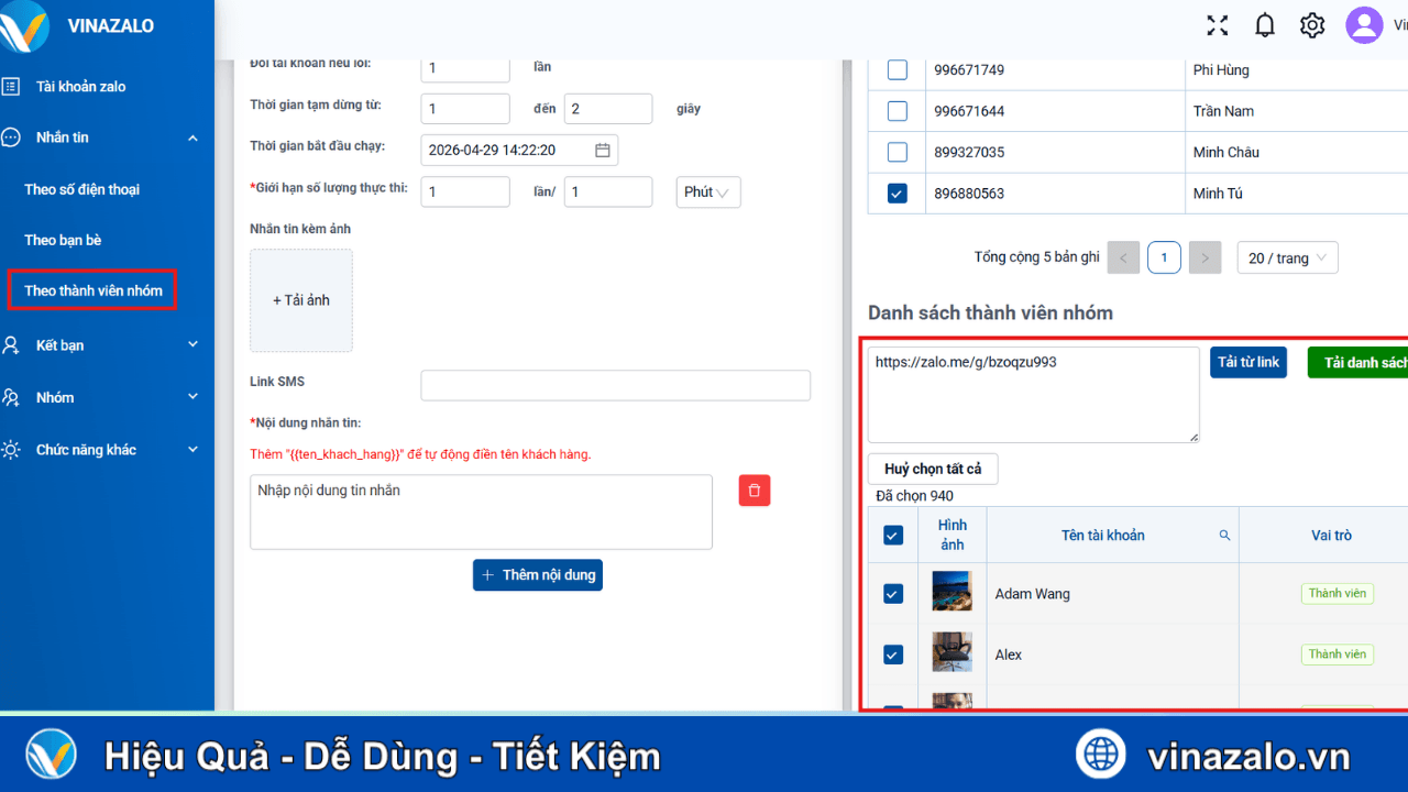 Nhắn tin tự động theo thành viên nhóm